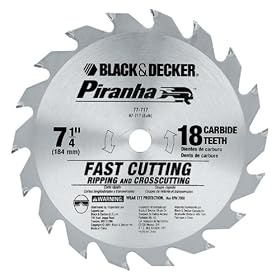 Black & Decker 77 717 Piranha 7 1/4 Inch 18 Tooth ATB Thin Kerf Crosscutting and Ripping Saw Blade with 5/8 Inch and Diamond Knockout Arbor Black & Decker 77-717 Piranha 7-1/4-Inch 18 Tooth ATB Thin Kerf Crosscutting and Ripping Saw Blade with 5/8-Inch and Diamond Knockout Arbor