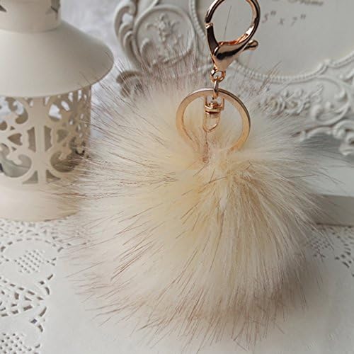 18 K Gold Plated Keychain with Plush Cute Fox Fur Ball Keychain for Car Key Ring Handbag Tote Bag 10cm 3.9IN (Rice Yellow)