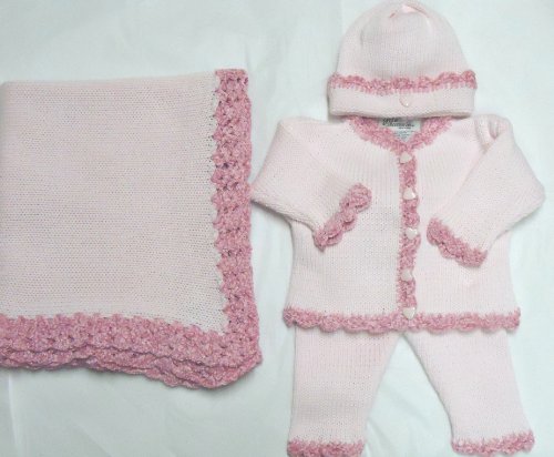Ck1.004, Knitted on Hand Knitting Machine Finished By Hand Crochet Light Pink Cotton Raspberry Chenille Trim Girls Cardigan Pant Hat Set with Matching Blanket for Ages 0-6 Months