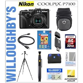 Nikon CoolPix P7100 10.1 MP Digital Camera with 7.1 Wide Angle Optical VR Zoom Nikkor ED Glass Lens + Deluxe Padded Camera Case + LEXSpeed 32GB SDHC Memory Card + Full Size Tripod & Much More! Willoughby's Est. 1898 Deluxe Point and Shoot Bundle