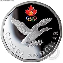 2006 Lucky Loonie Silver Dollar Coin Lucky Loon plus Official Emblem of the five Olympic rings by Royal Canadian Mint Has Provided Olympic Canadian Team Good Luck Charm for Canadian Athletes.