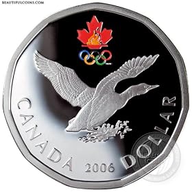 2006 Lucky Loonie Silver Dollar Coin Lucky Loon plus Official Emblem of the five Olympic rings by Royal Canadian Mint Has Provided Olympic Canadian Team Good Luck Charm for Canadian Athletes.