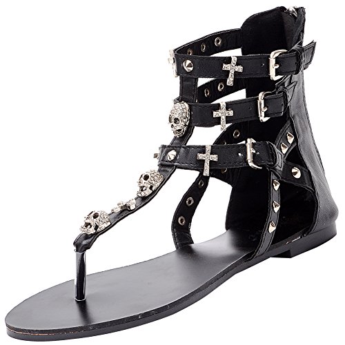 Odema Women Summer Bohemian Skull Rhinestone Flat Beach Thong Sandals