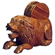 Handmade Cherry Wood Coasters With Carved Lion Holder - Set of 6 (Thailand)