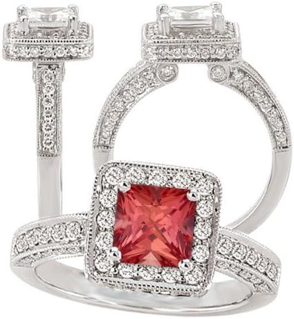 18k Elite Collection Chatham 5.5mm princess cut padparadscha orange sapphire diamond halo engagement ring
