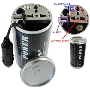 GSI Quality 150 Watt Can-Shaped In-Car Power Inverter With USB Charging Port, Fits Into Cupholder - Convert 12v DC To 110v AC Power, Plug In iPad, iPod, Cellphones, Laptops, Gaming Devices, CD And DVD Players, Etc.
