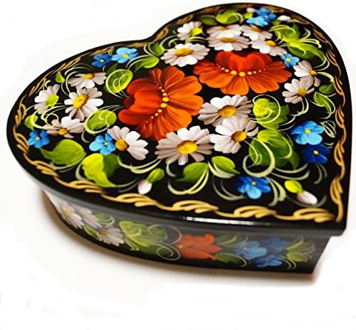 Wooden Box Heart-Shaped Made with Handmade Painting in Ukrainian Style. Gift for Her. 4.8" x 4.8" x 1.6"