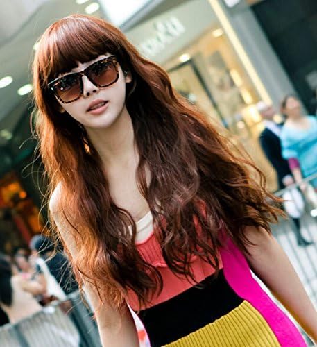 Hi Girl New Fashion Long Chocolate Brown Curly Wavy Women Full Bangs Hair Wigs