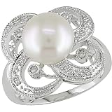 14K White Gold 1 10 ctw Diamond and Freshwater Cultured Pearl (10-10.5mm) Ring