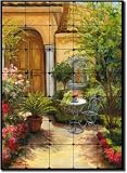 Patio Garden by Joanne Margosian - Floral Tumbled Marble Tile Mural 28" x 20" Kitchen Shower Backsplash