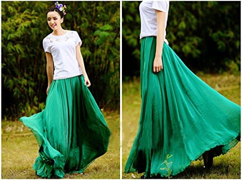 OISK Womens Ladys Girls Chiffon Retro Long Maxi Skirt Vintage Dress S Green