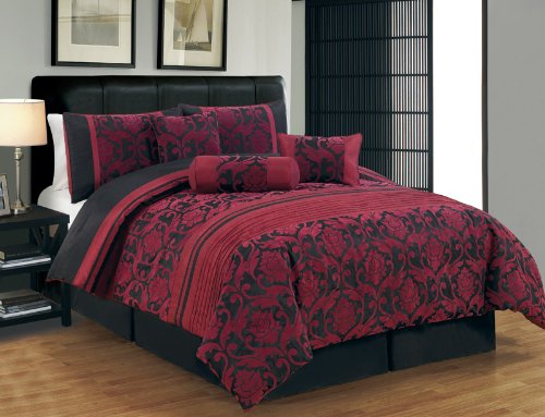 7 Piece Cal King Rily Floral Scroll Black and Red Comforter Set 7 Piece Cal King Rily Floral Scroll Black and Red Comforter Set