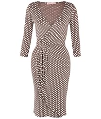 V-neck Elastane/Jersey/Viscose Knee Length Wrap Gathered Polka Dot Print Midi Dress 