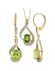 14k Gold Dangle Earrings (19mm tall) & 18 in. Pendant-Necklace Set, w/ 0.20 Carat Brilliant Cut Diamonds & 3.64 Carats Oval Cut (7x5mm) Peridot Stones