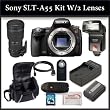 Sony SLT-A55 Digital Camera Kit Includes: Sony SLT-A55 Camera, Tamron 70-200mm f/2.8 Di LD (IF) Macro AF Lens, Bower SFD328 Digital Slave Flash, Extended Life Battery, Rapid Travel Charger, HDMI Cable, 16GB SDHC Memory Card, Memory Card Reader, Wireless Remote, Soft Carrying Case and SSE Microfiber Cleaning Cloth.