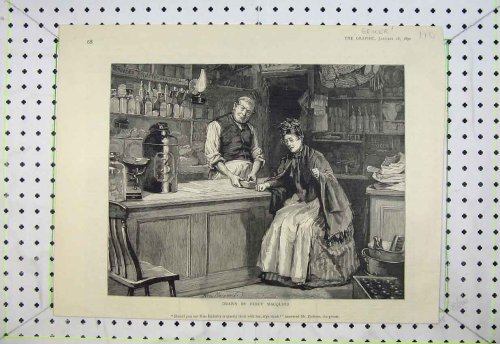1890 GROCER SHOP COUNTER DESK MAN WOMEN BOTTLES CHAIR
