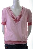 Hanger Stripped Embroidered Smocked V-Neck Peasant Boho Fiesta Top