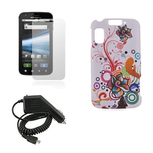 MOTOROLA ATRIX 4G MB860 COLORFUL FLOWER ON WHITE RUBBERIZED CASE, RAPID CAR CHARGER, LCD SCREEN PROTECTOR COMBO