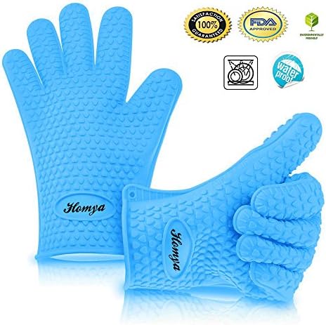 Homya® Kitchen Heat Resistant Thicken Silicone Grilling BBQ Gloves Cooking Oven Mitts 5 Fingered Insulated Non-Slip Waterproof for Potholder Protective Oven, Grill, Baking, Smoking, Cooking Outdoor Barbecue Grilling One Size Fits Most (1 Pair)