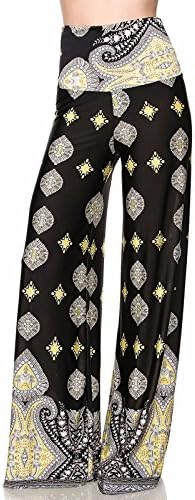 Women's Boho Print Palazzo Pants High Waist Yoga Fold over Band Wide Legs (S, 2015 (Black/Yellow))
