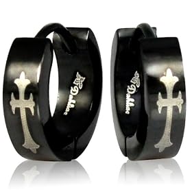 Black Stainless Steel Cross Black Huggie Hoop Earrings