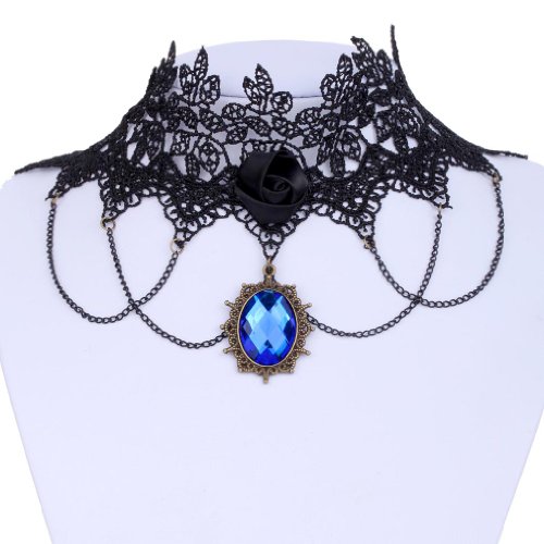 Yazilind Lace Gothic Lolita Blue Glaring Crystal Rose Tassel Chain Choker Necklace 12in