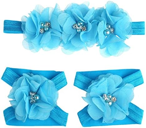Sankuwen® 1pc Baby Infants Girls Flower Barefoot Sandals + Headband Set (Blue)
