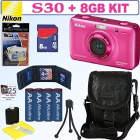 Nikon COOLPIX S30 10.1 MP Shockproof & Waterproof Digital Camera (Pink) + AA Batteries + 8GB Accessory Kit