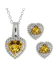 3.15 Ct Heart Shape Yellow Citrine 14k White Gold Pendant Earrings Set