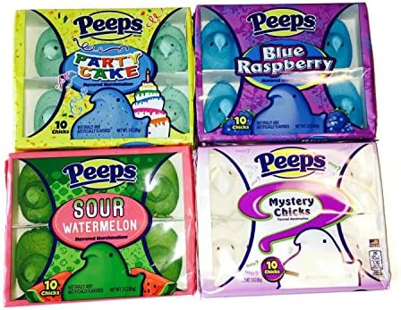 Peeps of Plenty Bundle Includes Four Items - One Pack Blue Raspberry Chicks, One Mystery Flavor, One Sour Watermelon, Plus One Party Cake Flavor