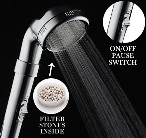 LuckyCeramics Water Softener Handheld Chrome Shower Heads With ON/OFF Pause Switch For Dry Skin &amp; Hair High Pressure Filtered Shower Head