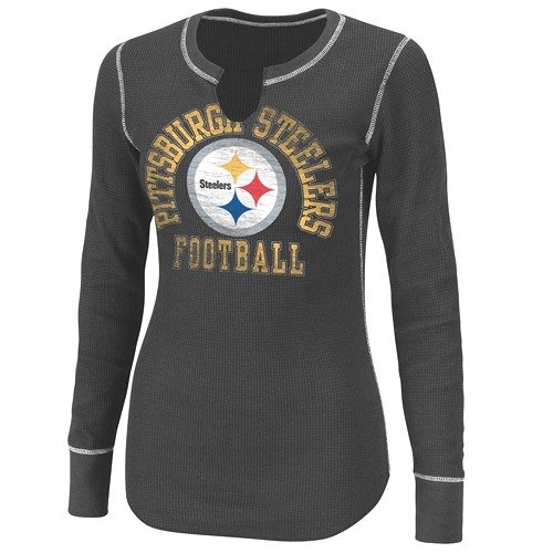 NFL Womens Pittsburgh Steelers Gameday Gal III Long Sleeve Split Crew Neck Thermal Tee (Black/White, Medium)