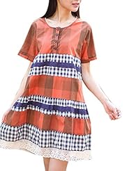 Striped Print Plaid Print Lace Short Sleeves Cotton/Linen  Dress