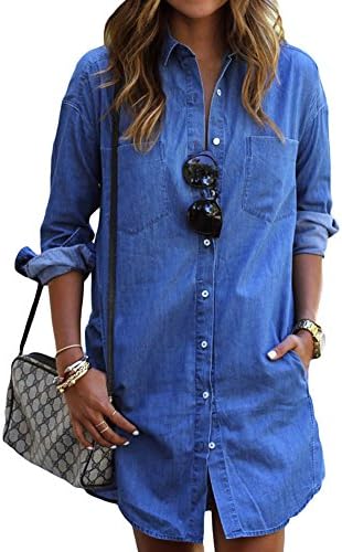 JiTM Womens Long Sleeve Casual Button Pocket Denim Shirt Blouse Blue XL