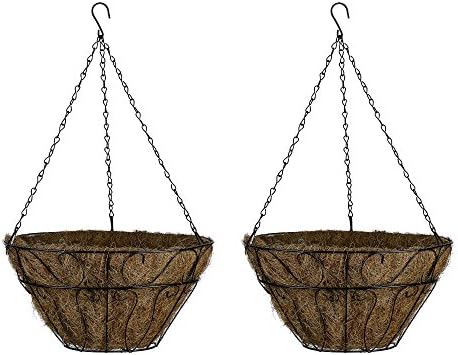 Black Scroll Hanging Coco Planters, Set / Bundle of 2 Hanging Baskets, 16 inch Flower Basket, Flower Pot