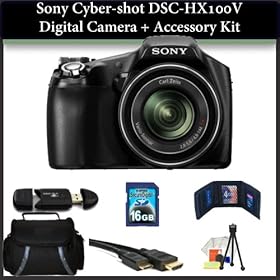 Sony Cyber-shot DSC-HX100V Digital Camera + Accessory Kit. Includes: 16GB Memory Card, Card Reader, Memory Card Wallet, HDMI Cable, Table Top Tripod, LCD Screen Protectors, Cleaning Kit & Carrying Case. DSCHX100V/B