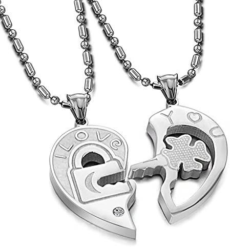 KAMOUR Jewelry 2pcs Mens Womens Love You Couples Stainless Steel Lock Key Four Leaf Clover Pendant Love Necklace Set, 22 inch Chain, Silver