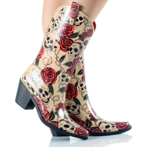 Sweet Beauty Yippy Skull / Rose Print Cowboy Rain Boots Size 10