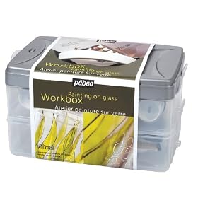 Pebeo Vitrail - 10 x 45ml Glass Paints, Gold Outliner, Brush, Sponge & Palette in a Durable Twin-Tray Workbox