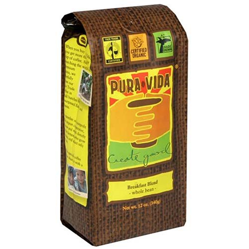 Pura Vida Whole Bean Coffee, Breakfast Blend, 12-Ounce Bags (Pack of 3)