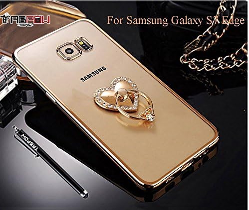 HFORVER Quality TPU CASE with ring stand for Samsung Galaxy S7 Edge Case Slim Fit Clear TPU Bumper Case Cover with Bling Heart Pink Ring Holder Kickstand for Samsung Galaxy S7 Edge (GOLD)