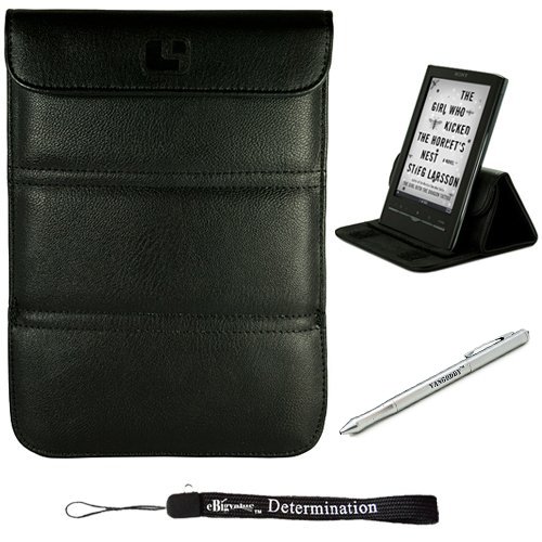 Black Leather Premium Durable Cover Sleeve Carrying Case can easily be converted to a stand for Sony PRS-650 Electronic Reader eReader Device (PRS 950 PRS950)(Compatible with all colors) + Indlues a 4-Inch Determination Hand Strap + 4 in 1: Stylus Pen wit