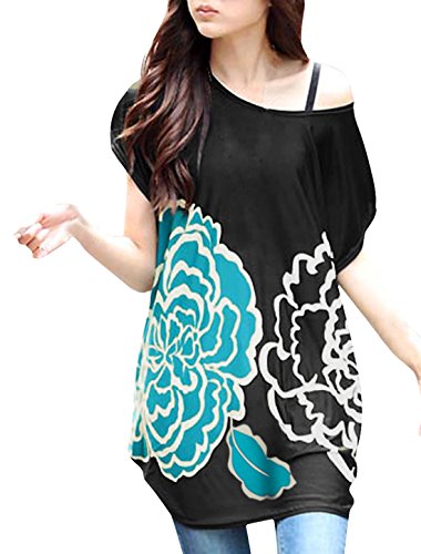 Allegra K Women Loose Fit Short Batwing Sleeve Flower Pattern Tunic Shirt