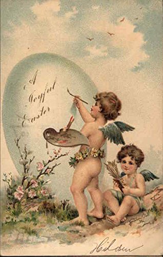 A Joyful Easter – Cherubs Painting an Egg With Angels Original Vintage Postcard