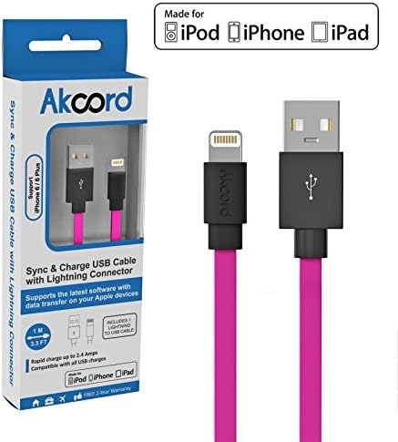 Akcord® Apple MFi Certified Tangle-Free Flat Lightning to USB Cable (3.3 Feet / 1 Meter) - Pink - FREE Bonus eBook Included - Charge and Sync Data Cord for iPhone 6 / 6 Plus / 5S / 5C / 5, iPad Air / iPad Mini 3 / 2 / iPad Mini with Retina display / iPad 4th generation, iPod 5th generation and iPod nano 7th generation - 24-Month Warranty