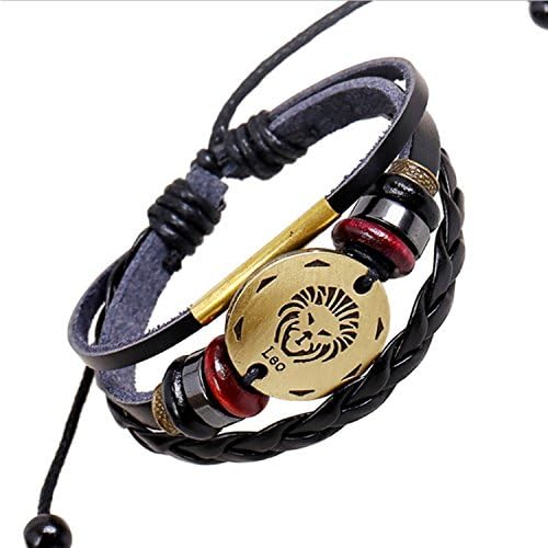 WorldCharlotte Handmade Black Genuine Leather Bracelet for Men and Women, Vintage Zodiac Sign Logo Charms Bracelet, Unisex, Adjustable Size, Fit 6 - 9 Inch (Leo)