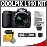 Nikon Coolpix L110 12.1 Megapixel Digital Camera with 15x Optical Zoom (Matte Black) with + Flash + Cleaning Kit