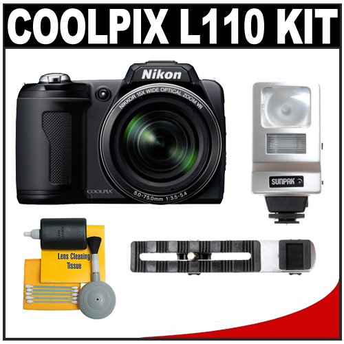 Nikon Coolpix L110 12.1 Megapixel Digital Camera with 15x Optical Zoom (Matte Black) with + Flash + Cleaning Kit