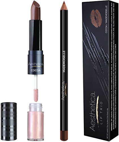 Aesthetica Matte Lip Trio - Instant Bold Matte Lip - Includes Matte Lipstick / Lip Gloss Duo, Lip Liner and Step-by-Step Instructions - Long Wear Formula Keeps Lips Moist (Cocoa/Madamoiselle)