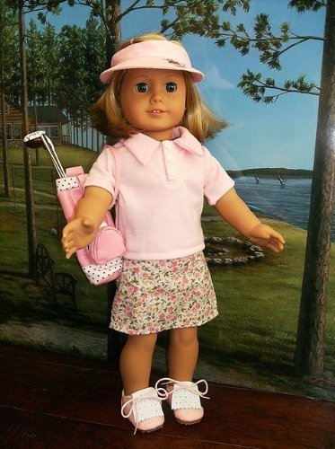 Doll Clothes for American Dolls for Girls Pink Golf Set Outfit Includes Skort Shirt Ball Tee Visor 3 Clubs and Bag (9 Piece Set)